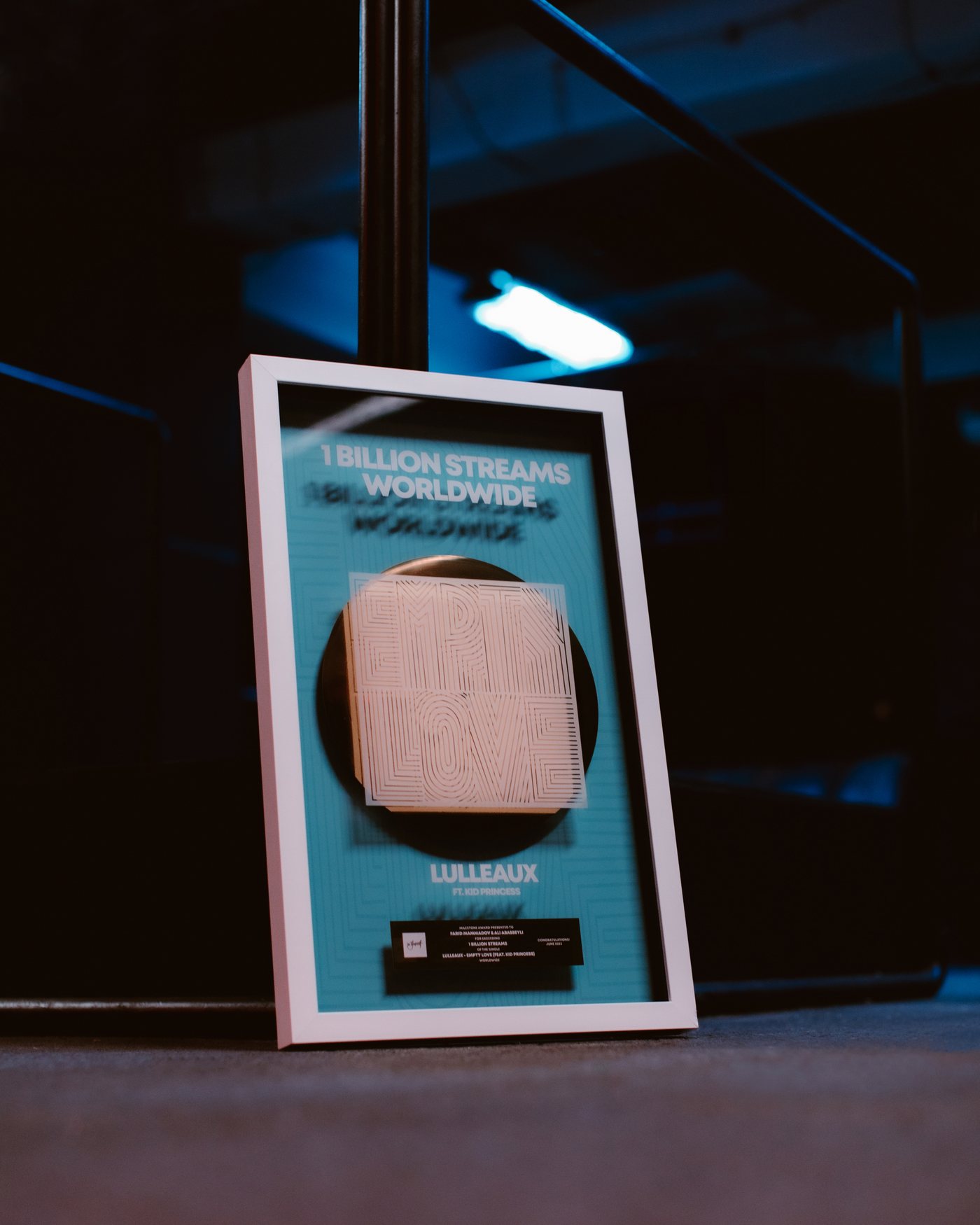 Framed award: 1 billion streams worldwide for Empty Love by Lulleaux