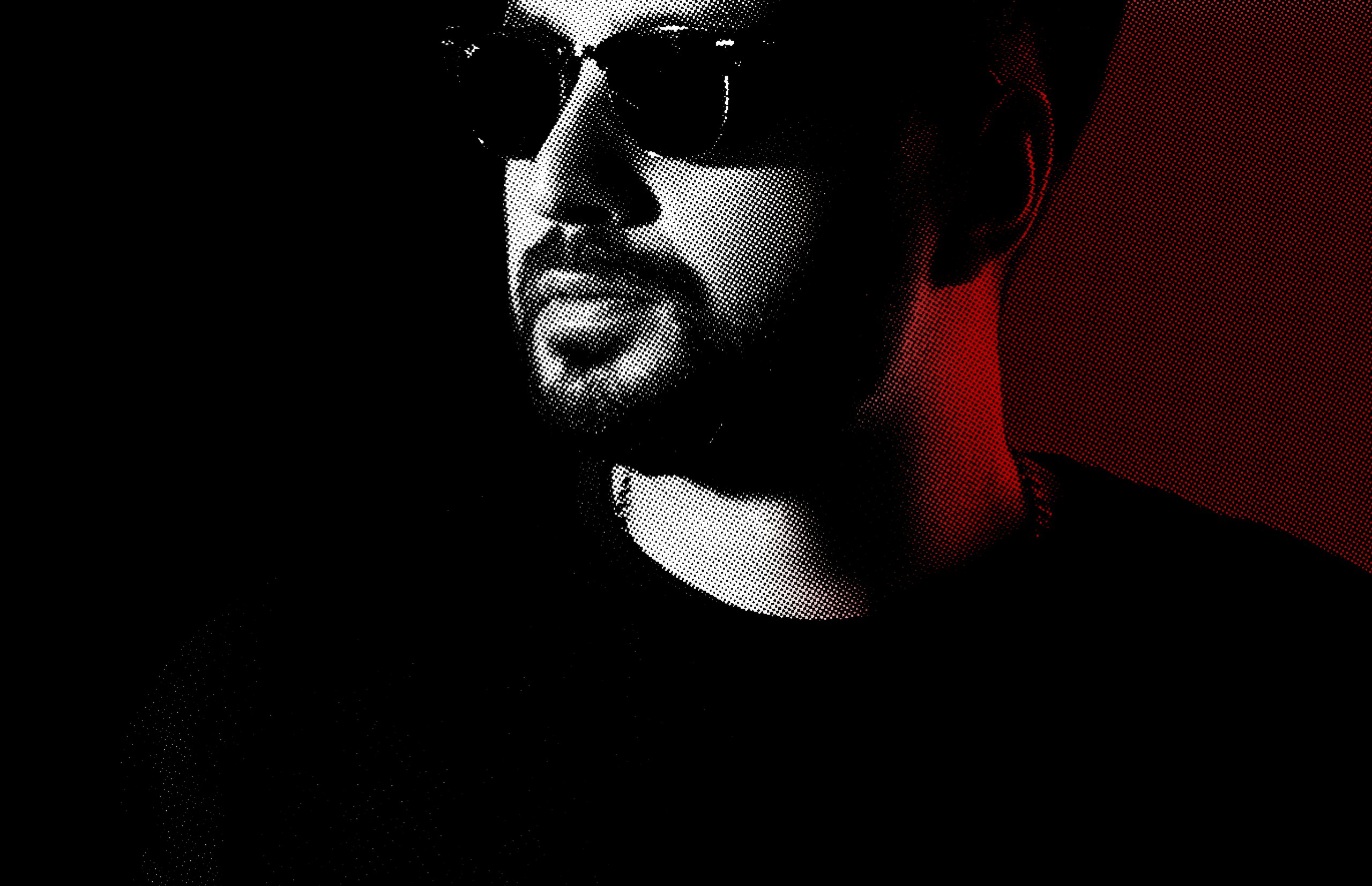 Halftone portrait of ALIGEE in sunglasses, lit in black and red